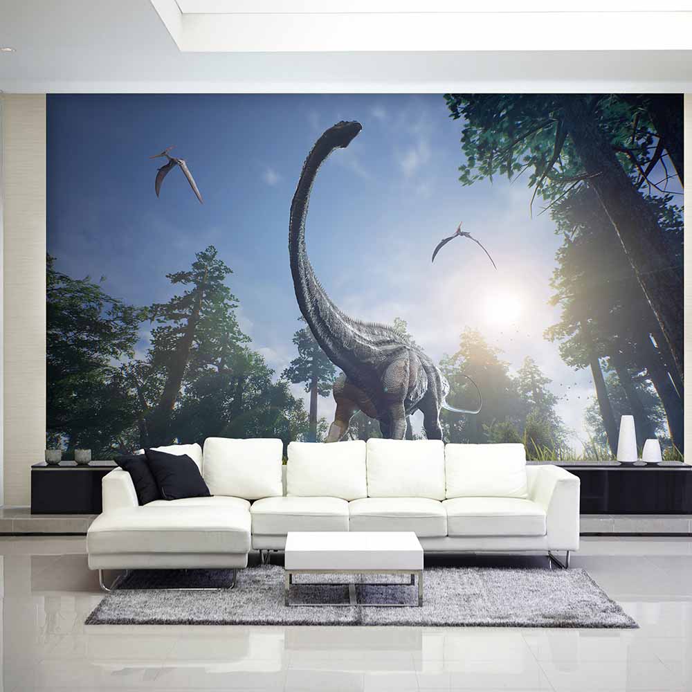 Gentle Brachiosaurus grazing under a serene forest sky.