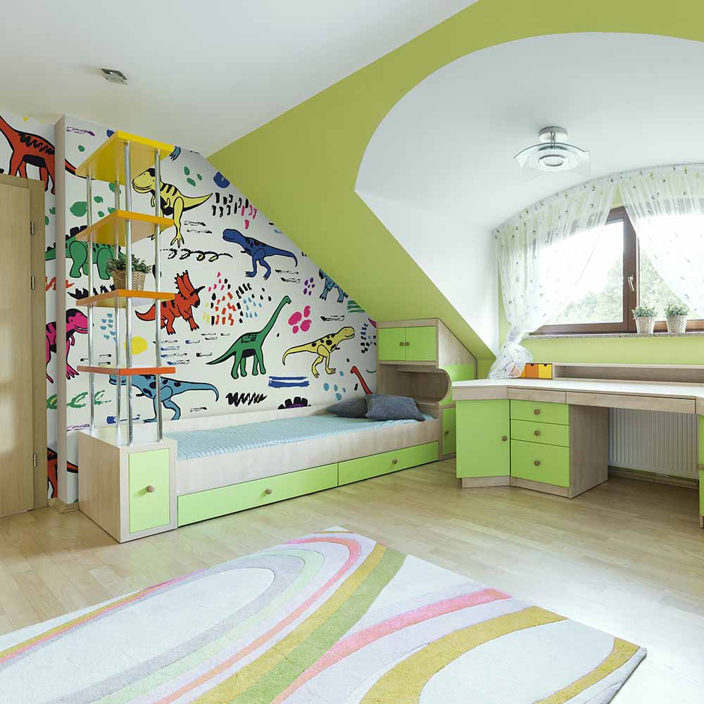Colorful dinosaur sketch wallpaper in a vibrant kids' room.