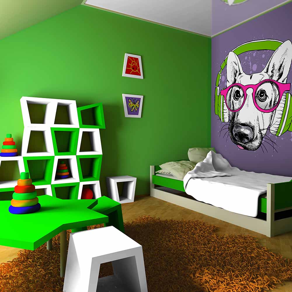 Dog wallpaper with headphones design in vibrant kids' room.