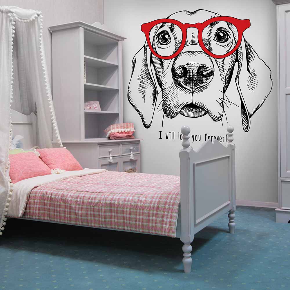 Dog with red glasses wallpaper in a cozy kids' bedroom.