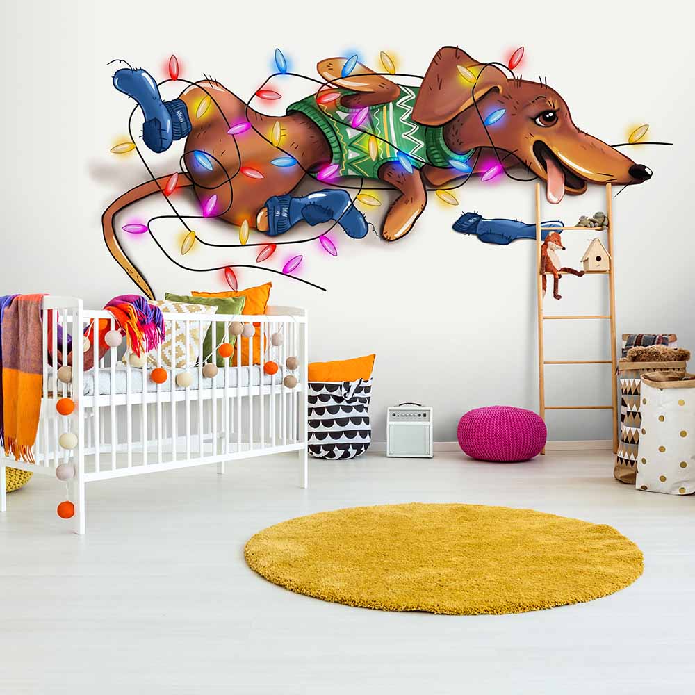 Dachshund wallpaper with colorful lights in a cozy nursery.