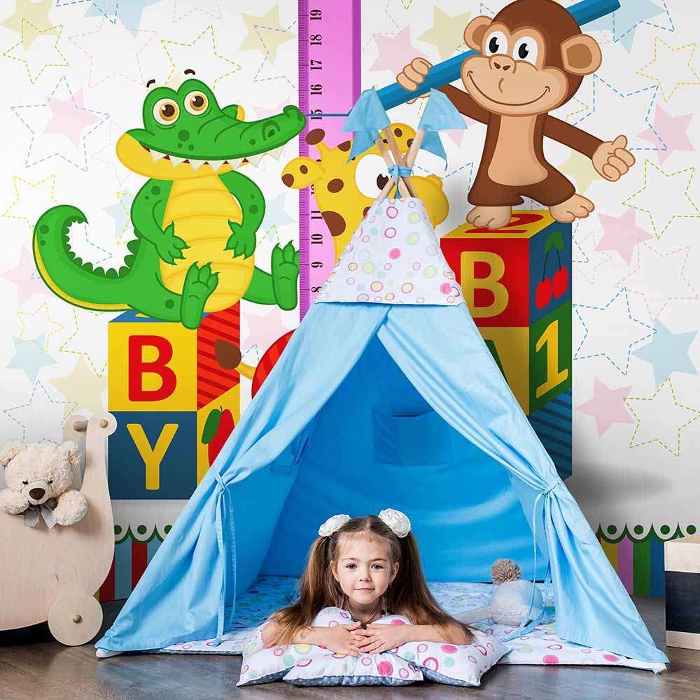 Colorful animal and alphabet wallpaper for kids' playroom.