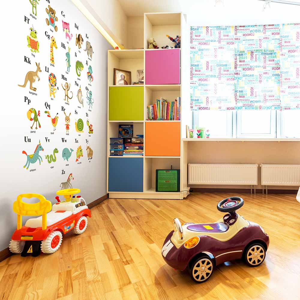 Alphabet learning wallpaper for a vibrant kids' playroom.