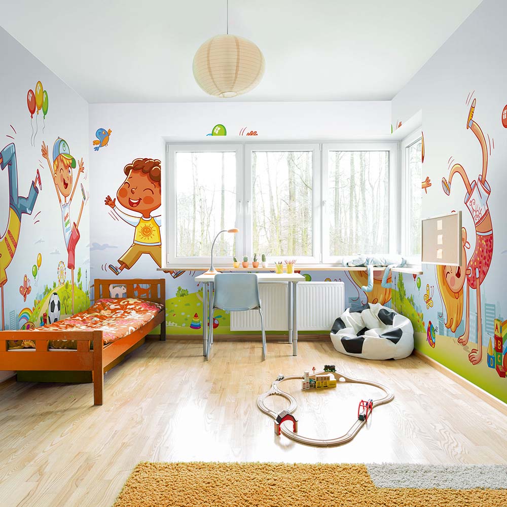 Vibrant kids' room wallpaper with cheerful cartoon characters.