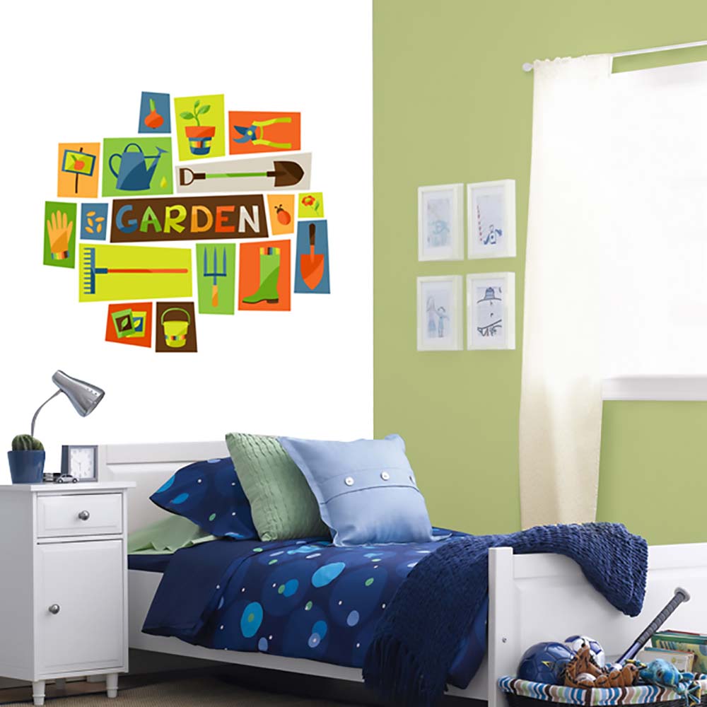 Colorful garden tools wallpaper in a kid's room.