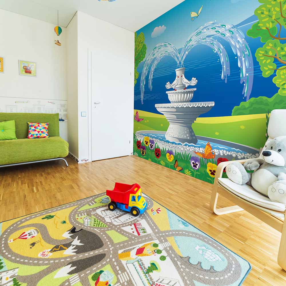 Fountain and garden wallpaper in a colorful kids' playroom.