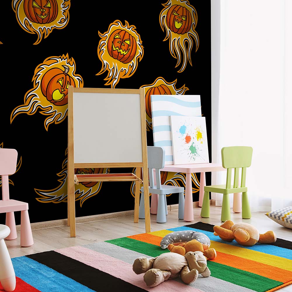 Playroom wallpaper with flaming pumpkin Halloween designs.
