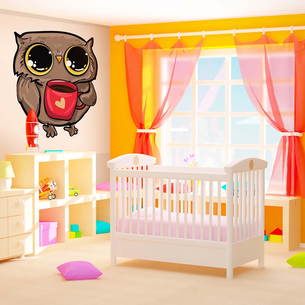 Cute owl wallpaper in a bright nursery.