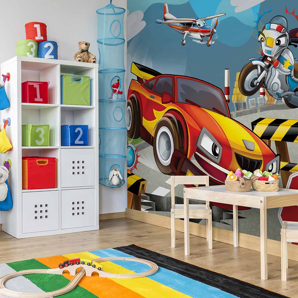 Racing-themed wallpaper energizes this vibrant playroom.