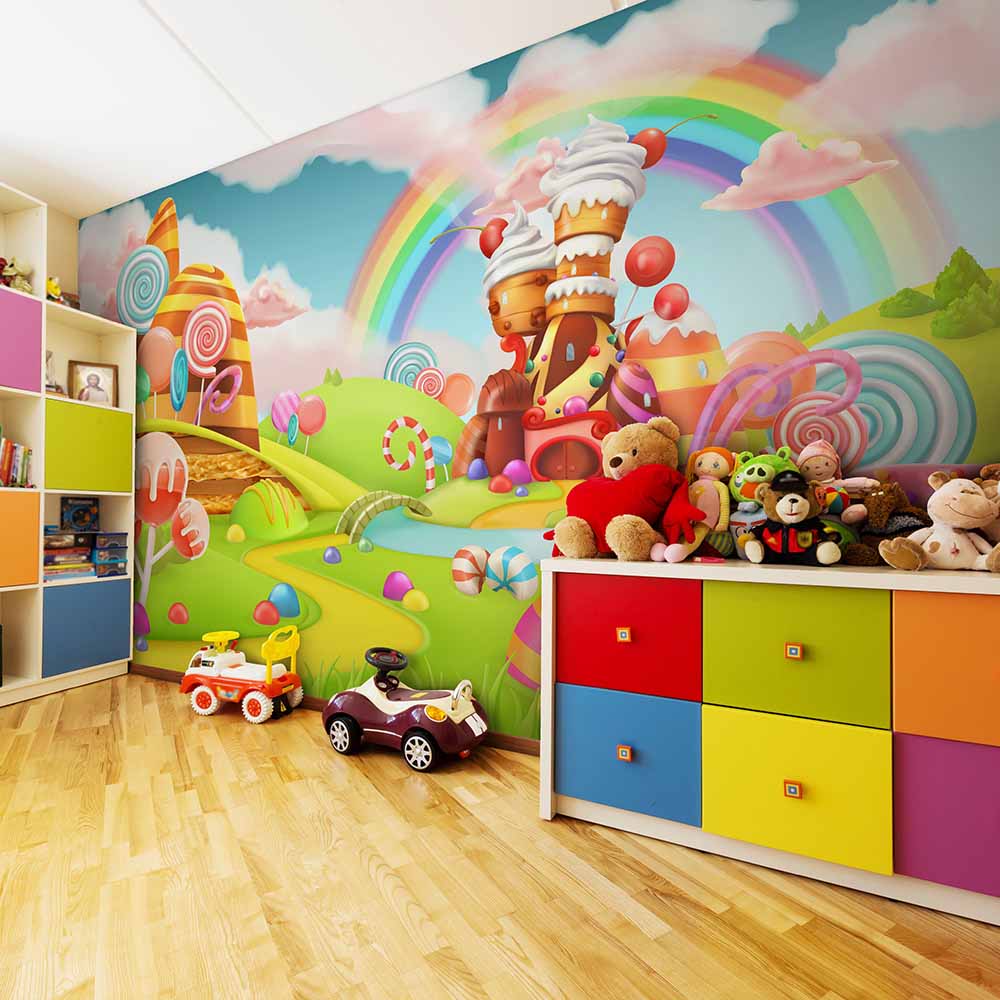 Candyland wallpaper creates a colorful and whimsical playroom.