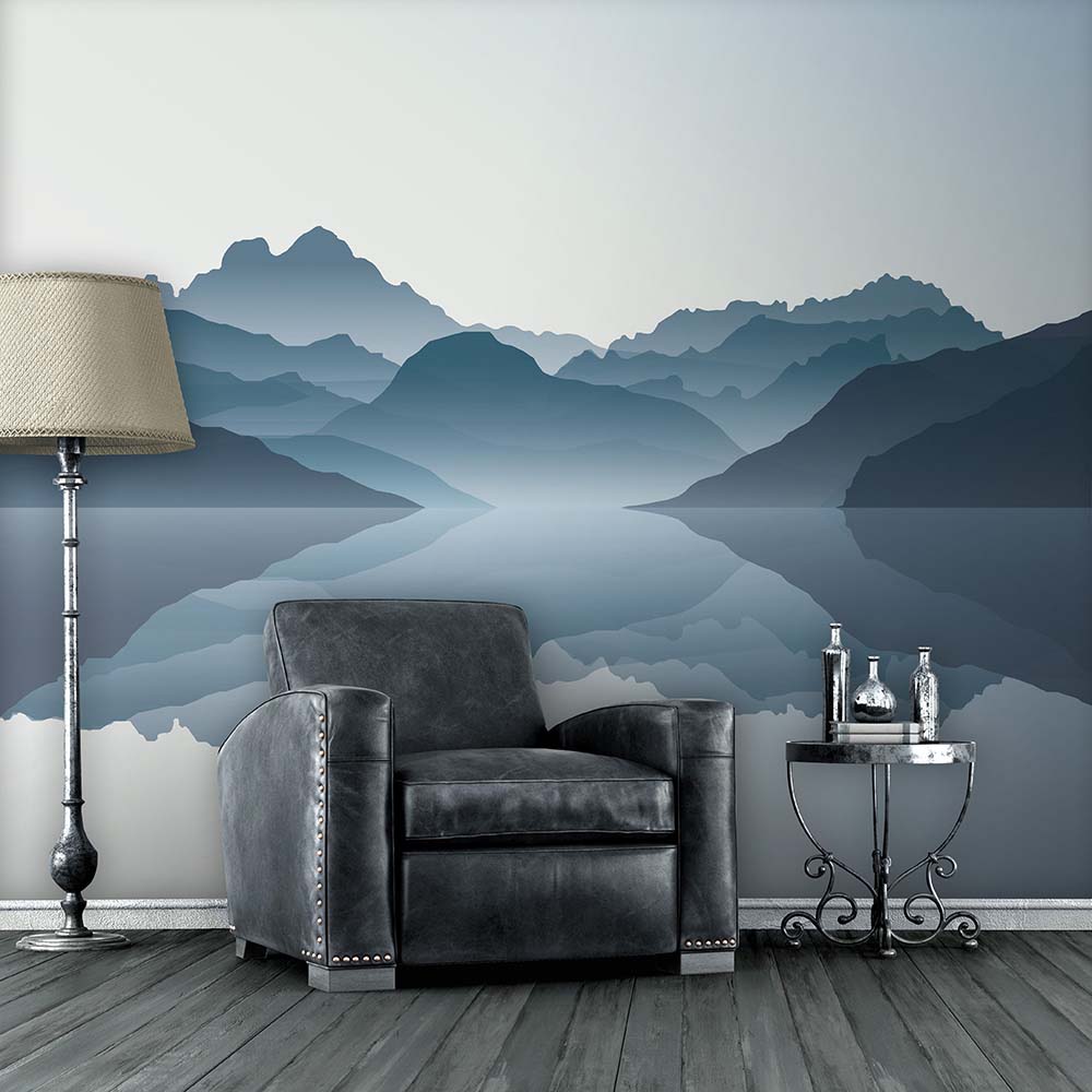 Blue mountain landscape wallpaper adds depth to a room.