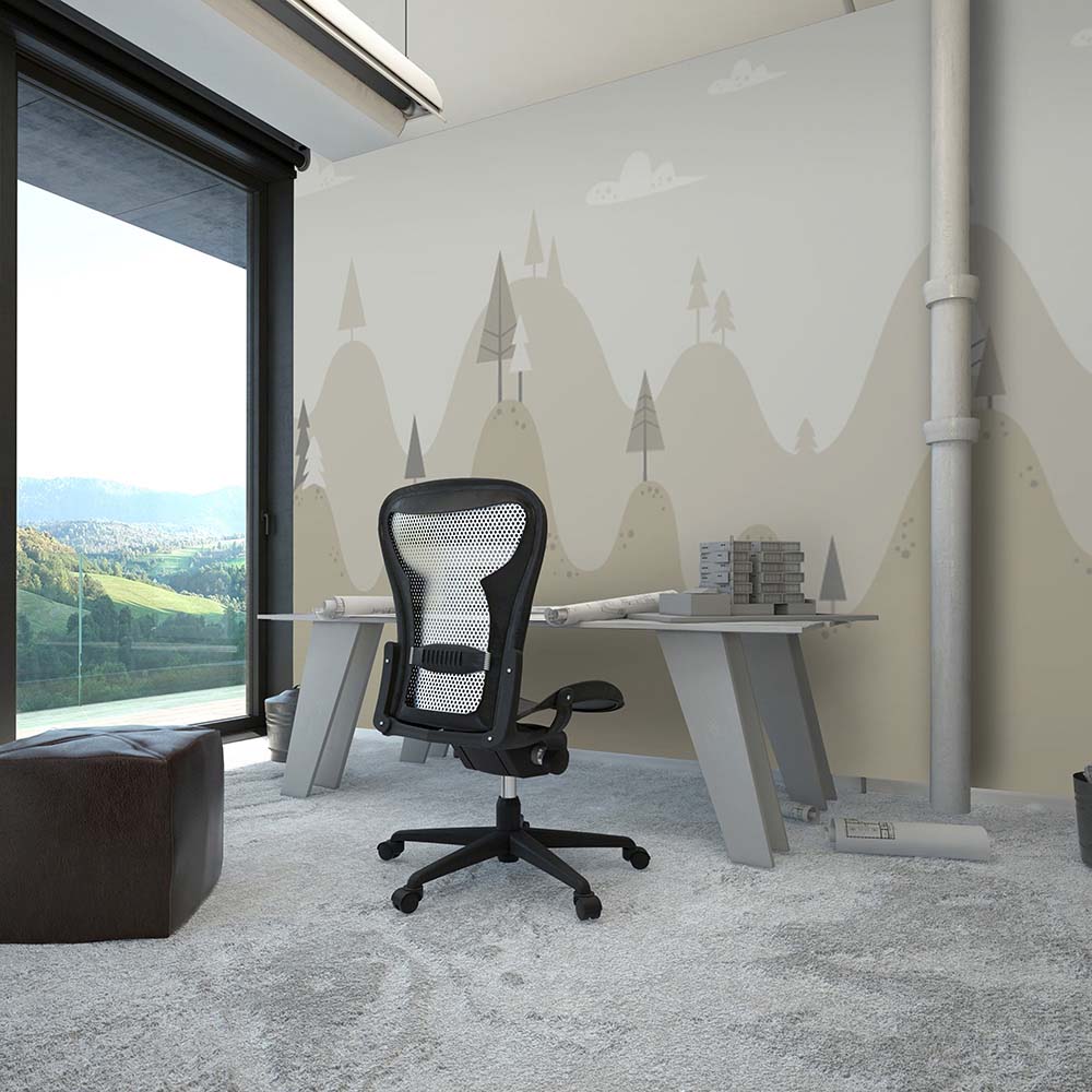 Forest-themed wallpaper creates a calming workspace ambiance.
