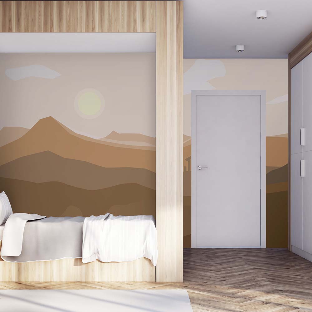 Warm-toned mountain wallpaper adding depth to the bedroom.