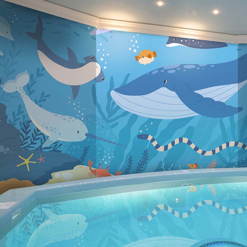 Underwater-themed wallpaper, a whale, a narwhal, and more.