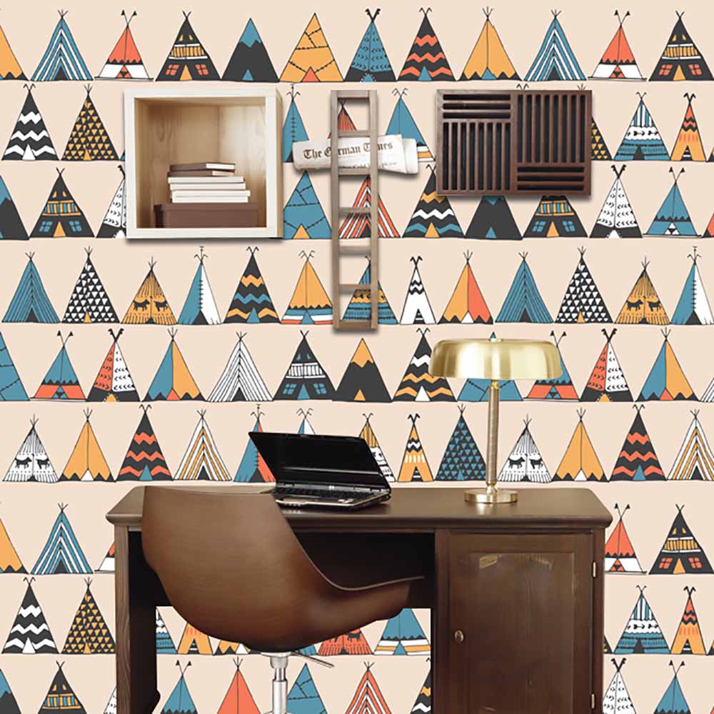 Teepee-themed wallpaper in a study room with wooden desk.