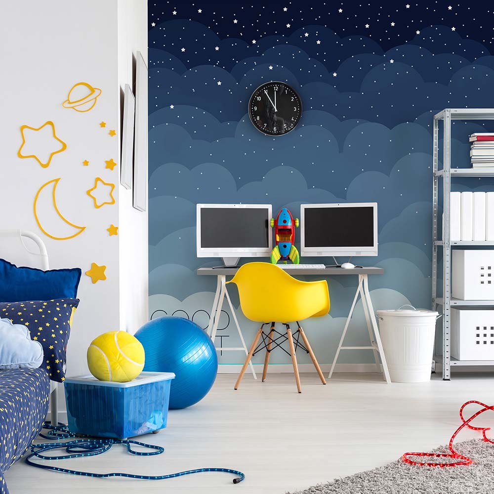 Night sky wallpaper with stars and clouds in a study room.