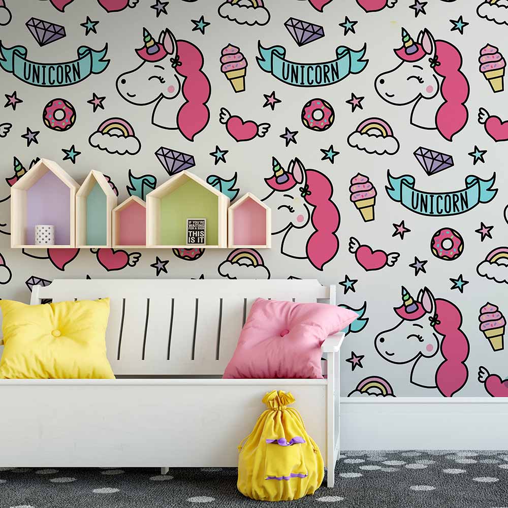 Unicorn-themed wallpaper with colorful icons for kids' room.