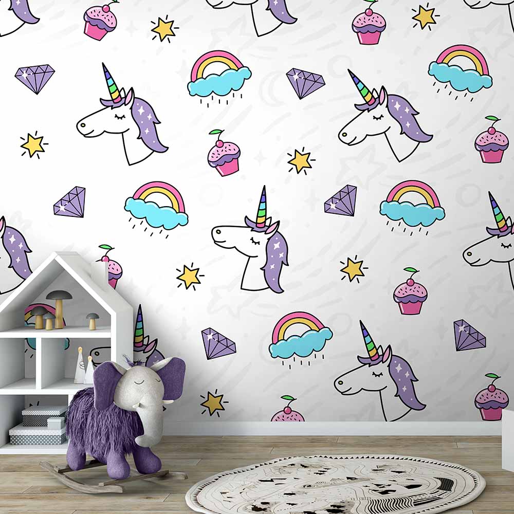 Unicorn wallpaper with rainbows and cupcakes for kids' room.