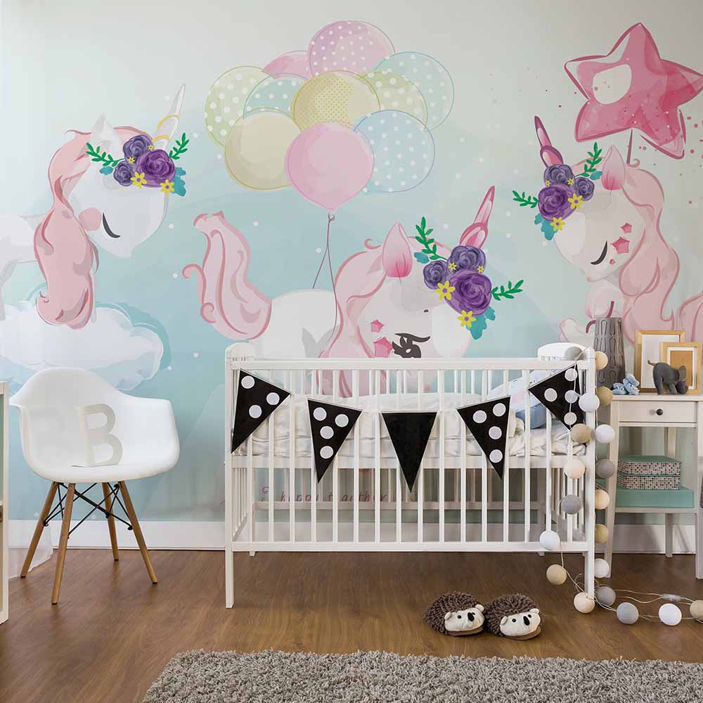 Unicorn wallpaper with flowers and balloons for nurseries.