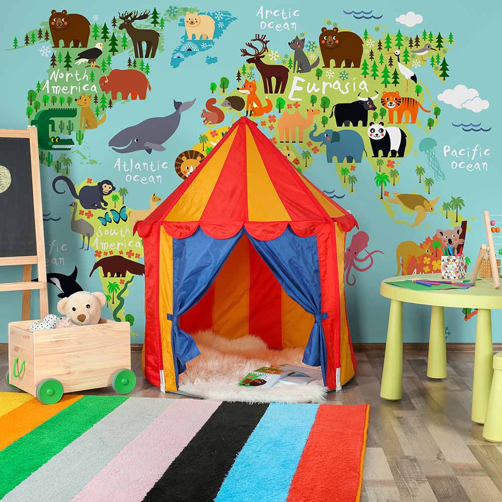 Colorful world map wallpaper with animals for kids' playroom.