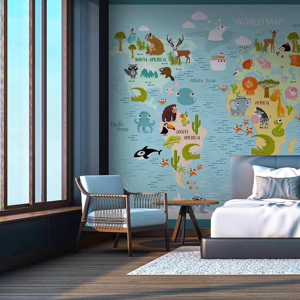 World map wallpaper with cute animals for a kids' bedroom.