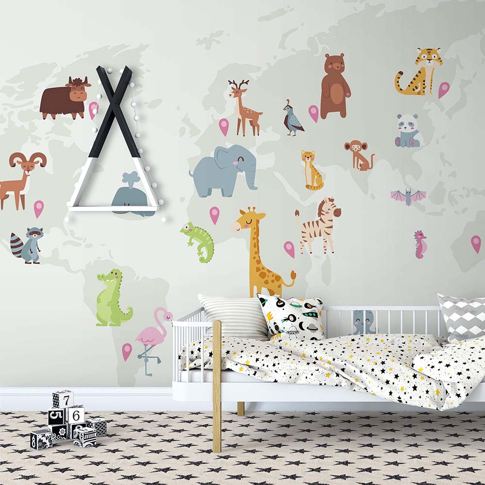 World map wallpaper featuring animals for kids' learning.