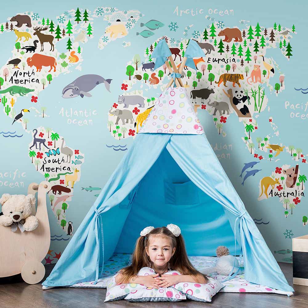 Colorful world map wallpaper with animals and continents.