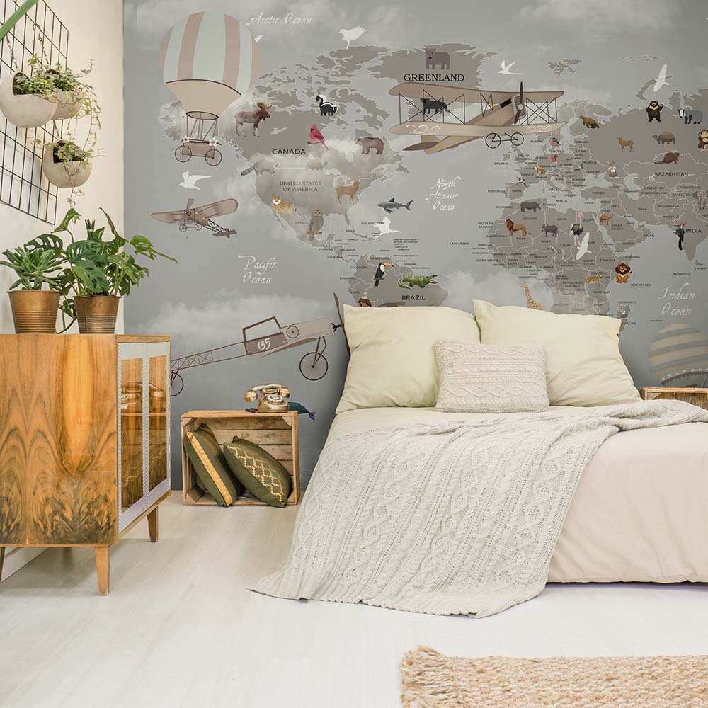 Vintage world map wallpaper with animals and travel themes.