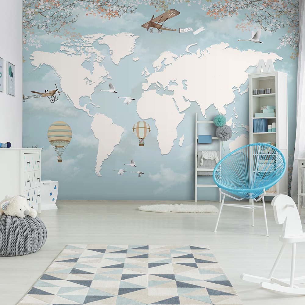 Pastel world map wallpaper with hot air balloons and planes.