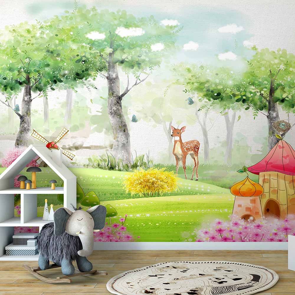 Whimsical forest wallpaper with deer and fairy-tale scenery.
