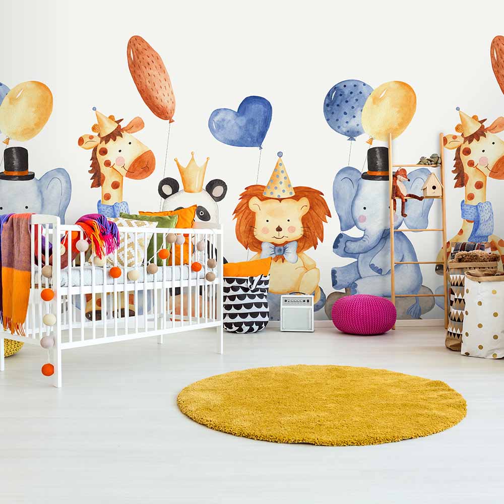 Adorable cartoon animal wallpaper perfect for a nursery.