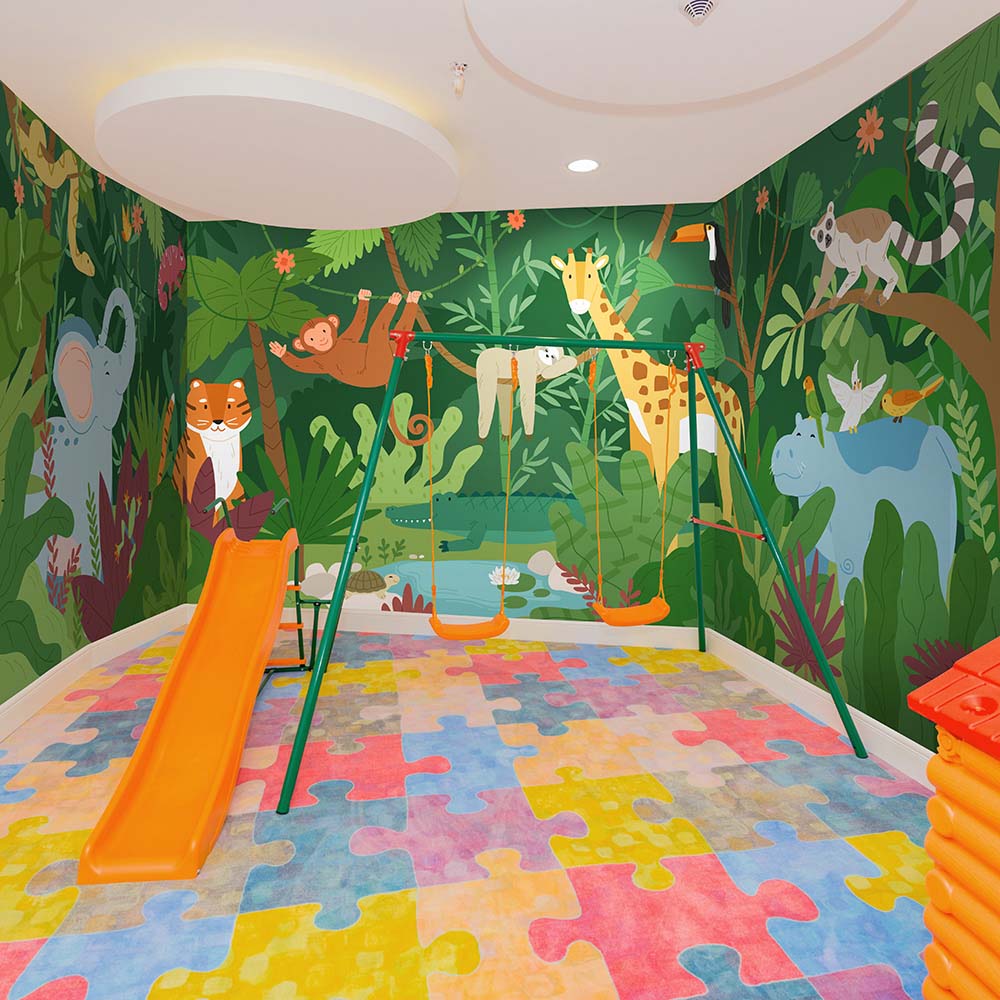 Vibrant jungle-themed wallpaper ideal for playrooms.