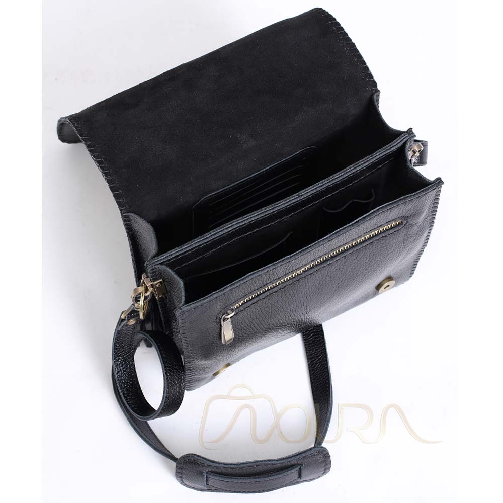 Inside of Negar Handmade Black Leather Crossbody Bag.