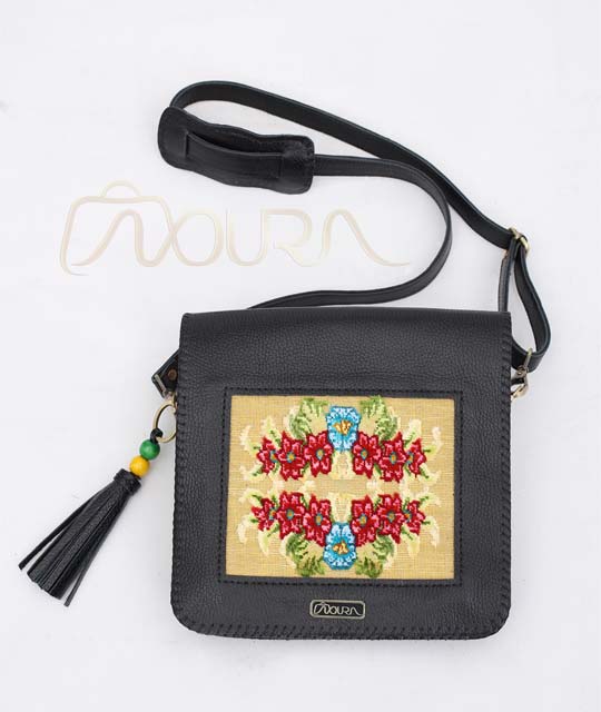 Negar - Handmade Black Leather Crossbody Bag - Woven Carpet