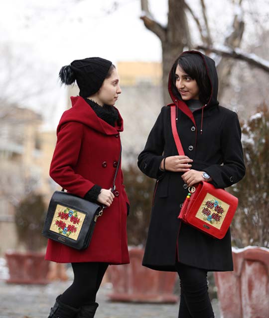 Negar - Handmade Black Leather Crossbody Bag - Woven Carpet