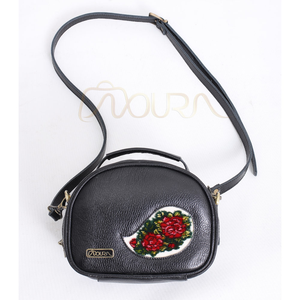 Shanli Black Leather Bag with Red Floral Woven Carpet Design.