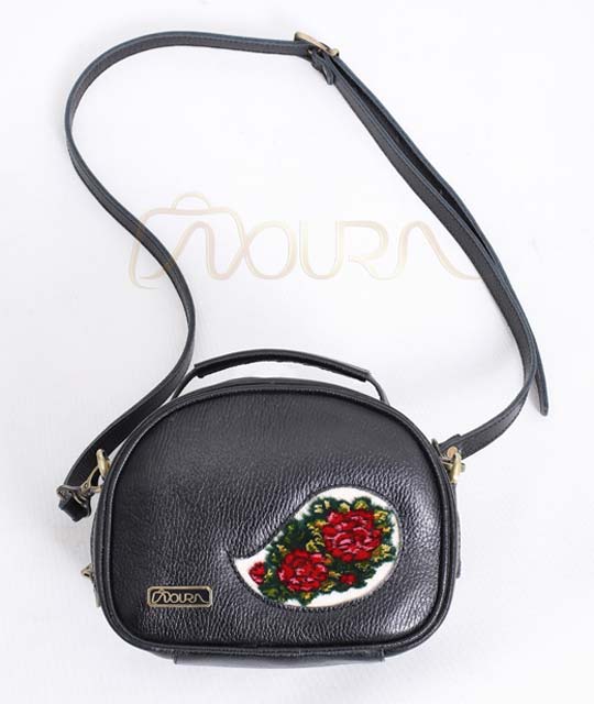 Shanli Handmade Black Leather Bag with Floral Woven Carpet