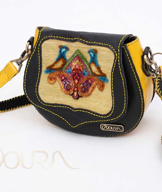 Handmade Leather Crossbody Women Bag Yellow and Black (Chinar)