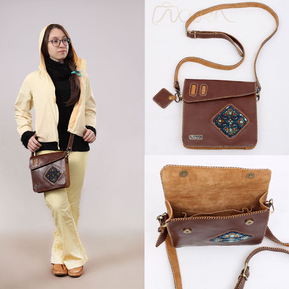 Brown crossbody bag with woven diamond motif.