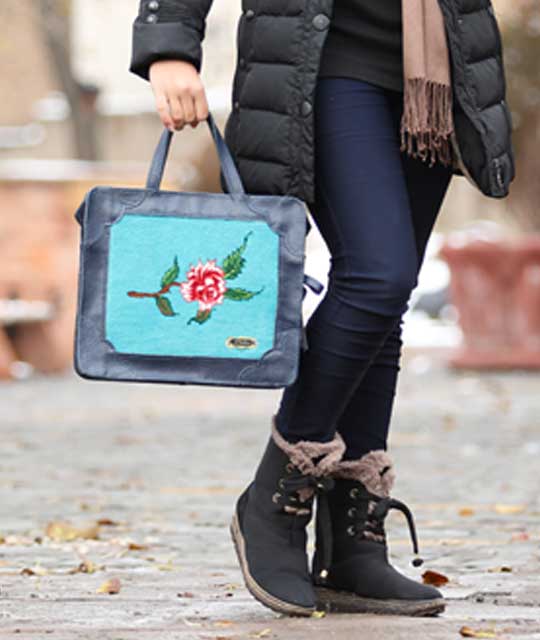 Handmade Blue Leather Crossbody Bag 'Ana' with Woven Carpet