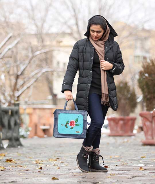 Handmade Blue Leather Crossbody Bag 'Ana' with Woven Carpet