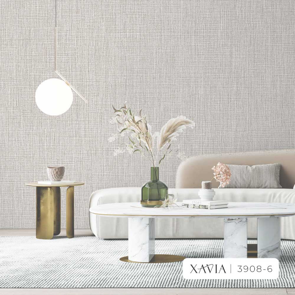 Neutral gray textured wallpaper in a cozy, modern living room.