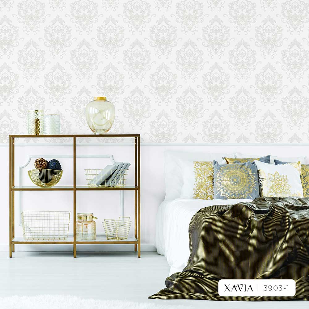 3903-1 Xavia Gray Textured Floral Damask Wallpaper for Bedroom.