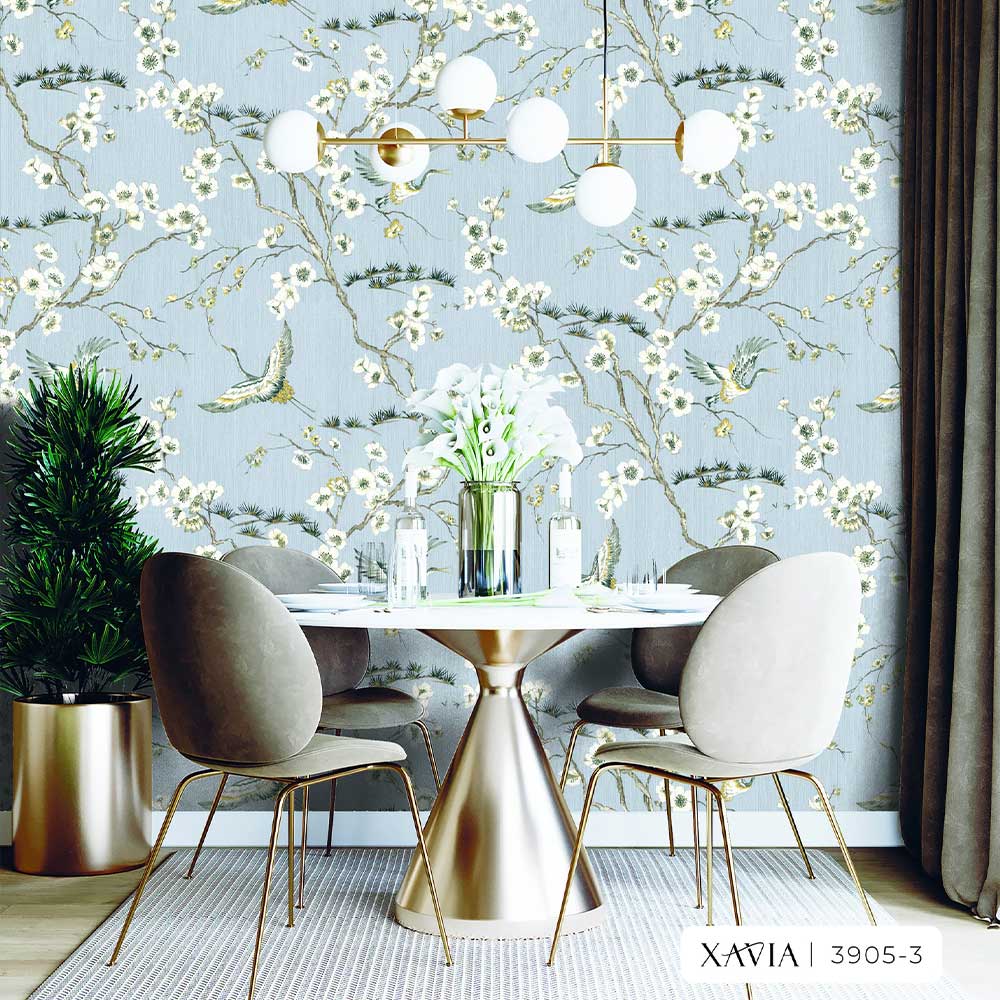 Heron Bird and Floral Pattern Wallpaper for Dining Room.