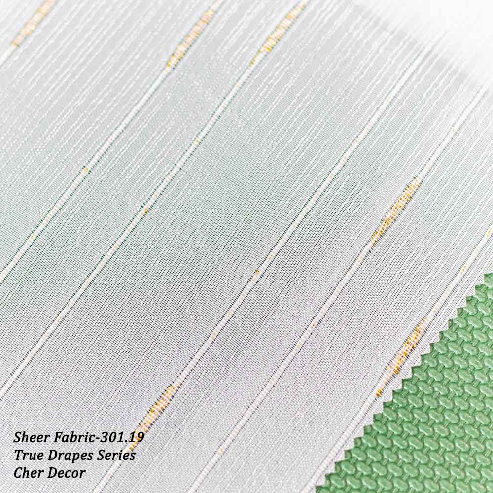 White Vertical Stripes Sheer Fabric With Golden Accent 320 cm Width.