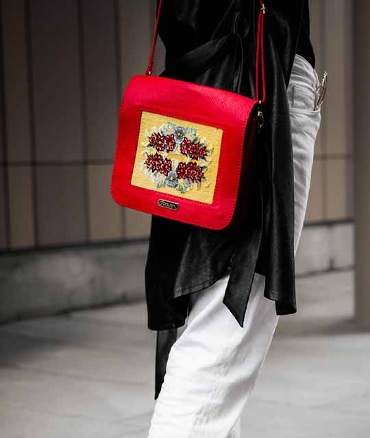 Negar - Handmade Red Leather Crossbody Bag with Woven Carpet