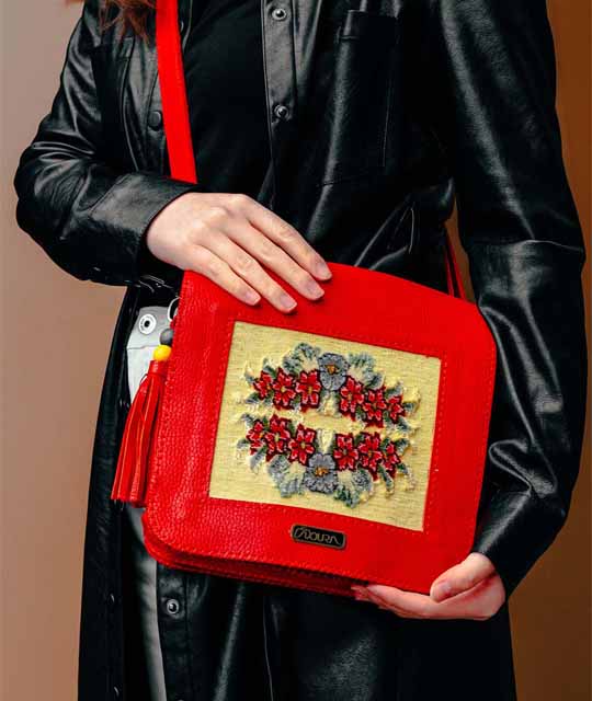 Negar - Handmade Red Leather Crossbody Bag with Woven Carpet