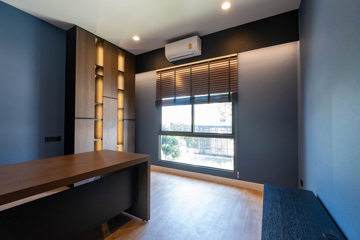 Home office with blinds.
