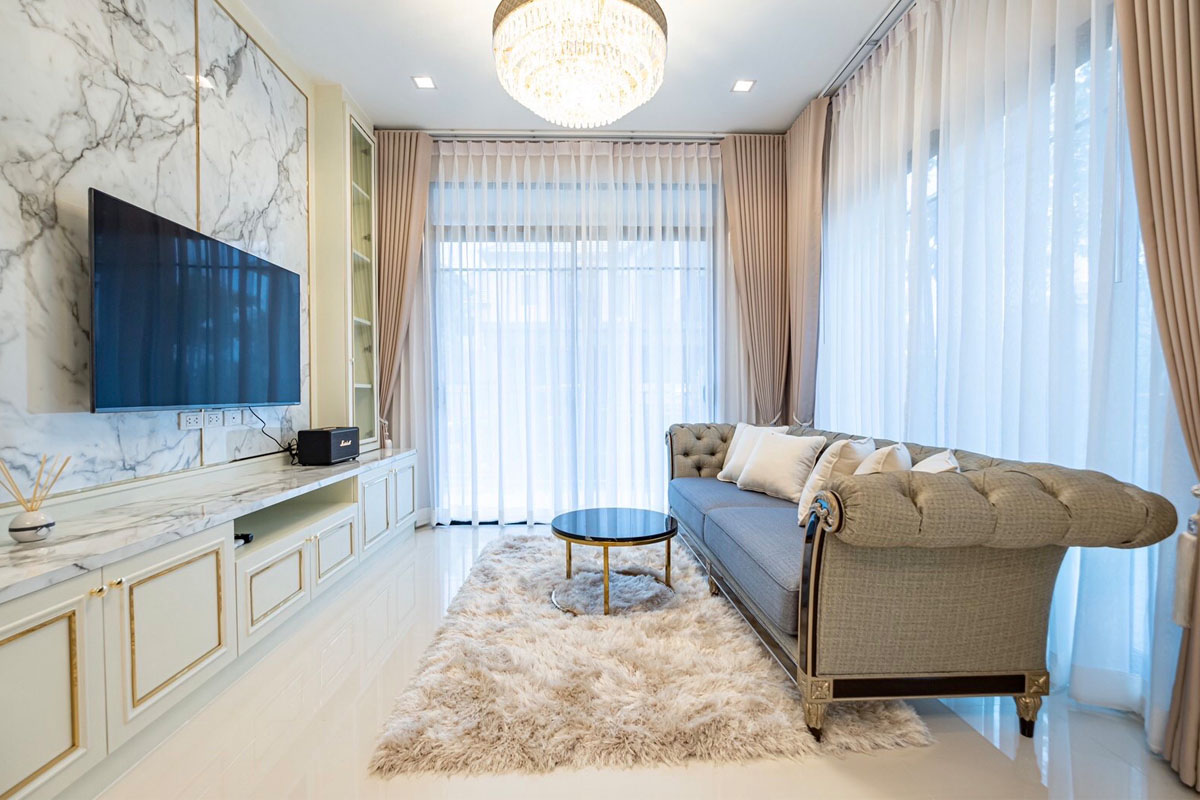 TV Room with Sheer and Dimout Curtains.