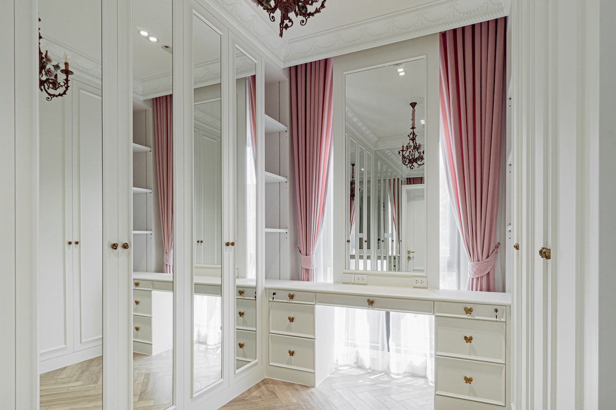 Makeup Room with Soft Pink Curtains.